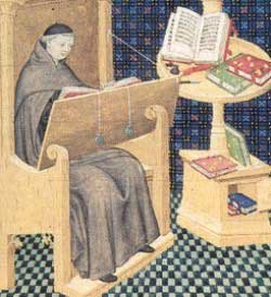 Een monnik bezig met monnikenwerk: het kopiëren van een boek